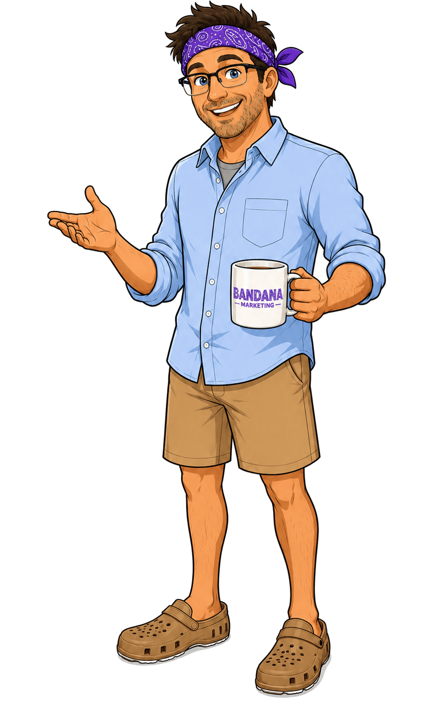 Dan, the Bandana Marketing founder mascot wearing a purple paisley bandana